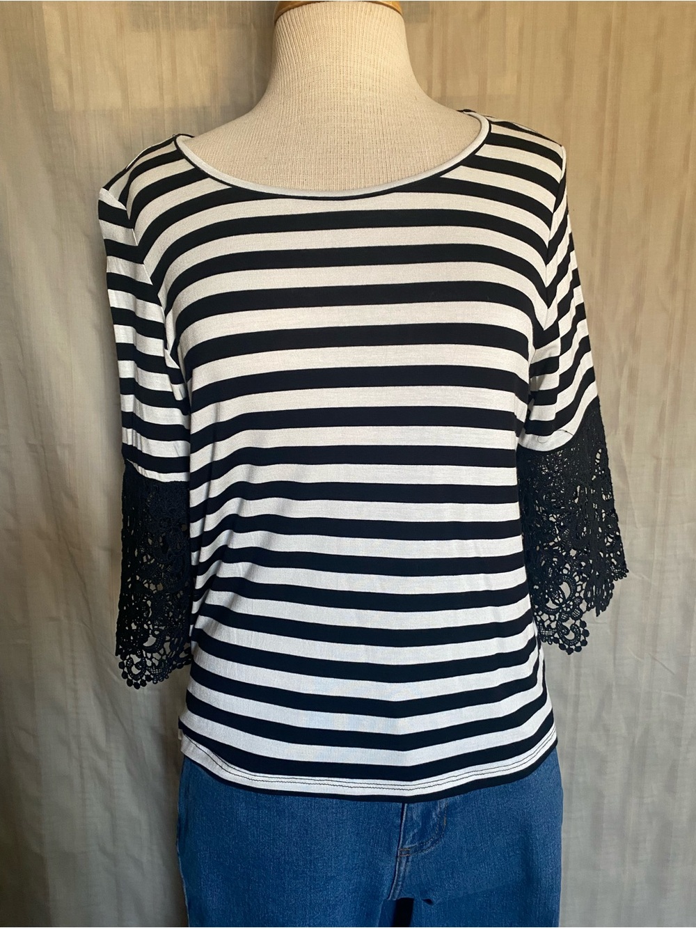 Flamingo Women's Black & White Striped Long Sleeve Top with Half Lace Sleeve